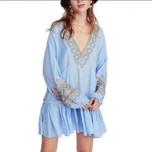 Free People Dress Wild One Embroidered Light Blue Size XS NWT